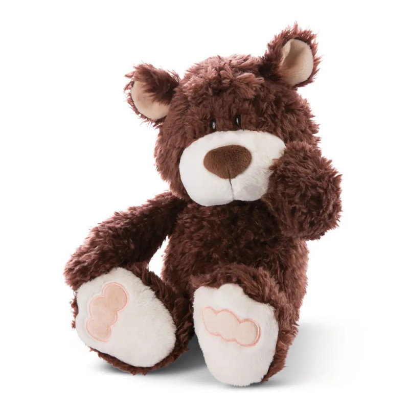 Brauner Plüsch-Teddybär sitzt mit erhobener Pfote, weißer Schnauze und Füßen auf weißem Hintergrund. Brauner Plüsch-Teddybär sitzt mit erhobener Pfote, weißer Schnauze und Füßen auf weißem Hintergrund.