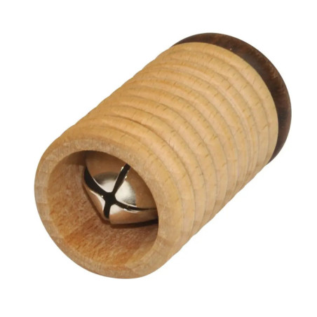 Kleines Holzspielzeug für Katzen mit Rillen und einer Metallglocke im Inneren.