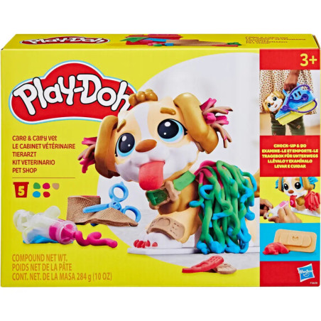 Play-Doh Tierarztset mit Hundefigur und buntem Zubehör auf gelbem Hintergrund. Play-Doh Tierarztset mit Hundefigur und buntem Zubehör auf gelbem Hintergrund.