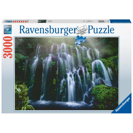 Ravensburger Puzzlebox mit 3000 Teilen und einem Motiv von grünem, üppigem Wasserfall auf der Vorderseite.
