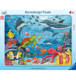 Buntes Unterwasser-Puzzle mit Fischen, Schildkröte, Oktopus, Delfin und Korallen für Kinder ab 4 Jahren.