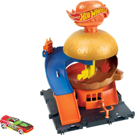 Hot Wheels Rennbahn-Set mit Burger-Design, Spielzeugauto und Rampen für abwechslungsreichen Fahrspaß.