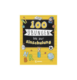 Buntes deutsches Arbeitsheft mit Schulthema-Doodles und dem Titel: 100 Übungen bis zur Einschulung.