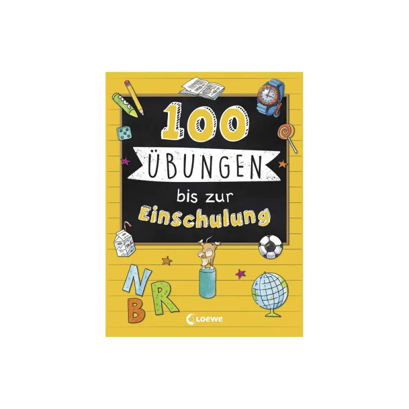 Buntes deutsches Arbeitsheft mit Schulthema-Doodles und dem Titel: 100 Übungen bis zur Einschulung.