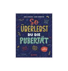 Buchcover mit bunten Kritzeleien und deutschem Titel So überlebst du die Pubertät auf dunkelblauem Hintergrund.