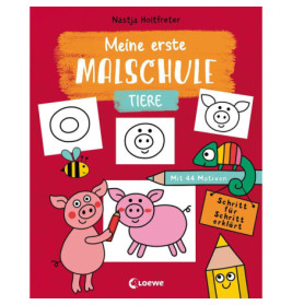 Buntes Buchcover mit Schweinezeichnungen, einer Biene und deutschem Text zur Tierschule fürs Zeichnen für Kinder.