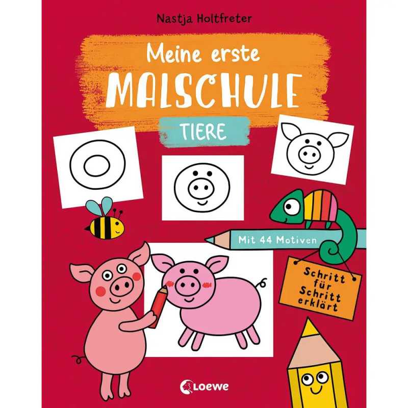 Buntes Buchcover mit Schweinezeichnungen, einer Biene und deutschem Text zur Tierschule fürs Zeichnen für Kinder.