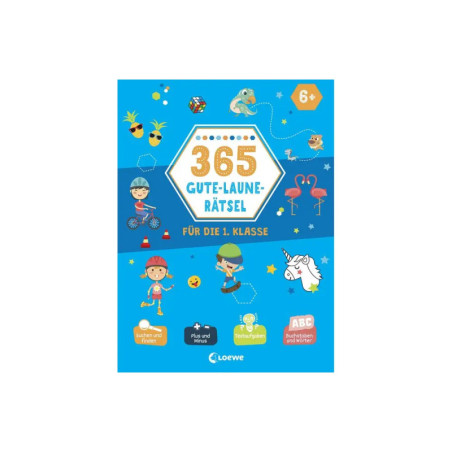 Blaues Rätselbuch mit verspielten Illustrationen, Titel: 365 Gute-Laune-Rätsel für die 1. Klasse. Blaues Rätselbuch mit verspielten Illustrationen, Titel: 365 Gute-Laune-Rätsel für die 1. Klasse.