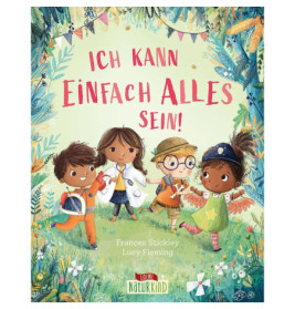 Vier Kinder in Kostümen stehen unter bunter Girlande auf einem Buchcover mit deutschem Titeltext.