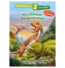 Illustrierte Dinosaurier im Urwald mit deutschem Text zum Lesenlernen in drei Schritten.