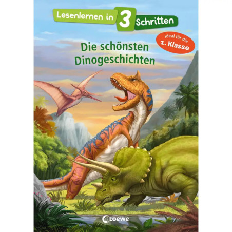 Illustrierte Dinosaurier im Urwald mit deutschem Text zum Lesenlernen in drei Schritten.