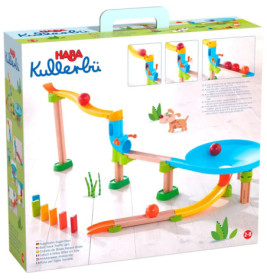 HABA Kullerbü Kugelbahn für Kinder von 2-8 Jahren, abgebildet mit bunten Bahnen und Murmeln auf der Verpackung.
