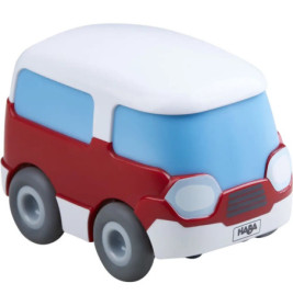 Rotes und weißes Spielzeugauto mit blauen Fenstern und grauen Rädern, schräg betrachtet.