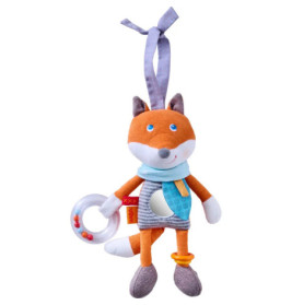 Plüsch-Fuchs-Babys-Spielzeug, orange, mit Schal, Aufhängeband und Rasselring mit Perlen.