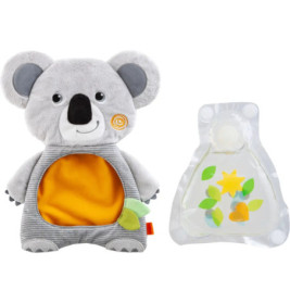 Graues Plüsch-Koala mit orangem Bauch neben einer durchsichtigen Tüte mit bunten Formen.