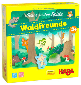 Gelbe HABA-Spielbox Meine ersten Spiele: Waldfreunde mit Waldtieren und Bäumen, geeignet ab 2 Jahren.