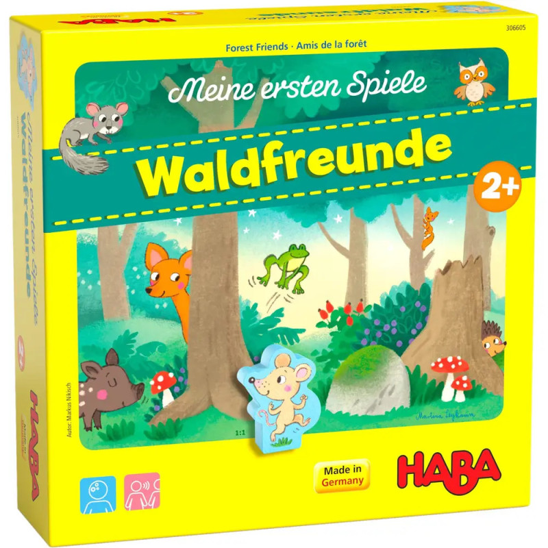 Gelbe HABA-Spielbox Meine ersten Spiele: Waldfreunde mit Waldtieren und Bäumen, geeignet ab 2 Jahren.