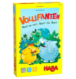 Vollifanten-Spielschachtel mit Cartoon-Elefanten, gelbem Hintergrund und auffälligem roten Schriftzug.