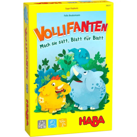 Vollifanten-Spielschachtel mit Cartoon-Elefanten, gelbem Hintergrund und auffälligem roten Schriftzug. Vollifanten-Spielschachtel mit Cartoon-Elefanten, gelbem Hintergrund und auffälligem roten Schriftzug.