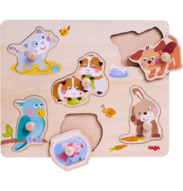 Holzpuzzle mit Katze, Hund, Vogel, Kaninchen, Meerschweinchen und Aquarium einige Teile fehlen.