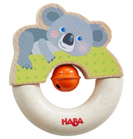 Holzrasselring mit niedlichem Koala-Design, orangefarbener Glocke innen, von HABA.