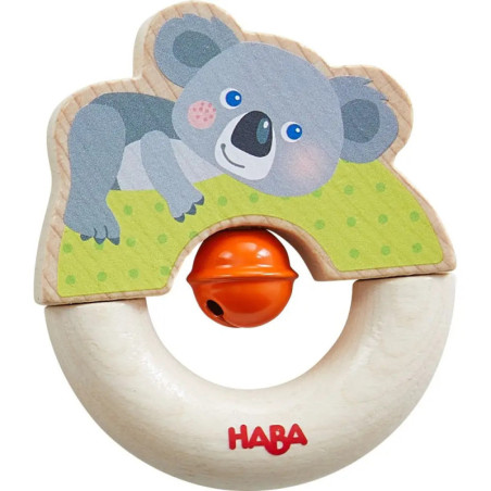 Holzrasselring mit niedlichem Koala-Design, orangefarbener Glocke innen, von HABA. Holzrasselring mit niedlichem Koala-Design, orangefarbener Glocke innen, von HABA.