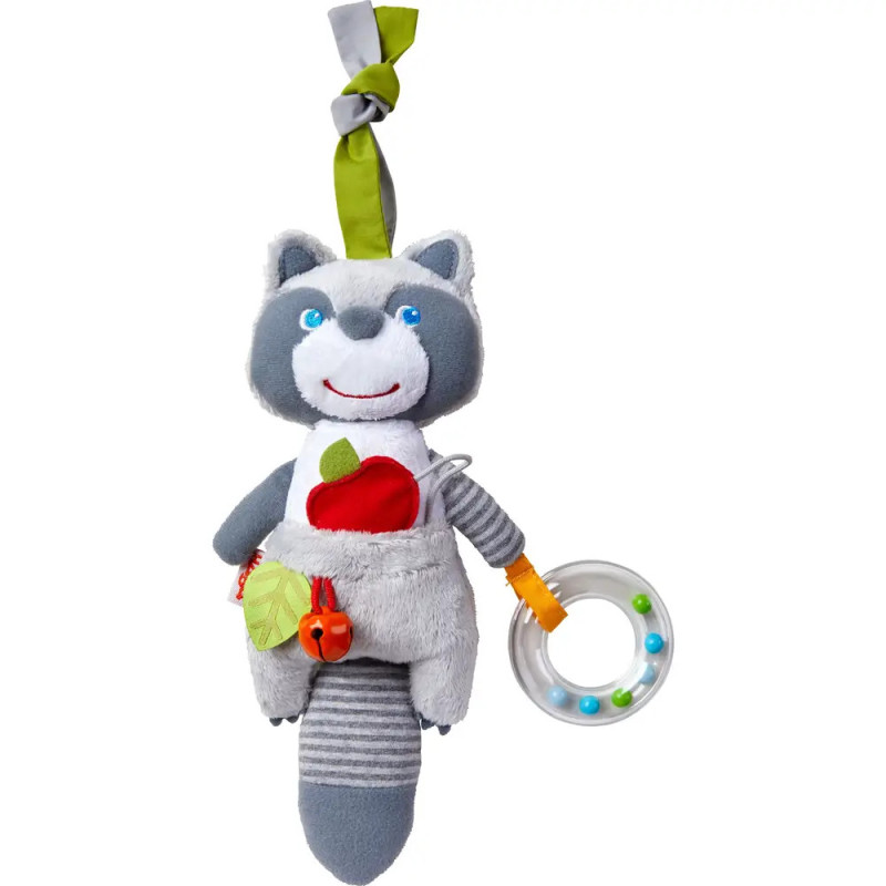 Plüschwaschbär mit grünem Aufhänger, bunten Anhängern und klarem Rasselring. Plüschwaschbär mit grünem Aufhänger, bunten Anhängern und klarem Rasselring.