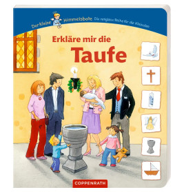Kinder und Erwachsene versammeln sich an einem Taufbecken auf dem Cover eines Kinderbuchs zur Taufe.