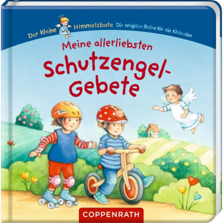 Zwei Kinder fahren Rad auf einem Weg, während ein kleiner Engel daneben vor buntem Hintergrund fliegt. Zwei Kinder fahren Rad auf einem Weg, während ein kleiner Engel daneben vor buntem Hintergrund fliegt.