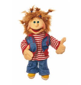 Freundliche Puppe mit wildem braunen Haar, gestreiftem Shirt, Jeans und Daumen-hoch-Geste.