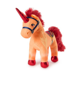 Orangenes Plüsch-Einhorn mit roter Mähne, Schweif und Horn, trägt blaues Geschirr und Sattel.