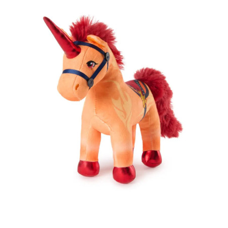 Orangenes Plüsch-Einhorn mit roter Mähne, Schweif und Horn, trägt blaues Geschirr und Sattel.