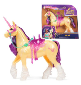 Spielzeugeinhorn mit lila Mähne, pinkem Sattel und Horn in Verpackung Unicorn Academy Leaf.