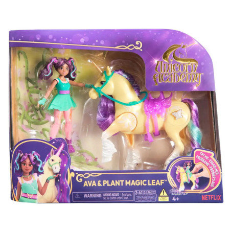Unicorn Academy Spielset mit Ava-Puppe und Einhorn in bunter Verpackung mit Lila- und Goldakzenten.