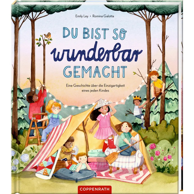 Kinder spielen im Garten mit Zelt, Bäumen und Lichtern deutscher Text auf dem Buchcover.