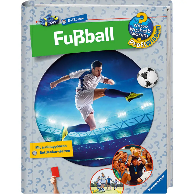 Buchcover: Fußballspieler schießt im Stadion einen Ball, Titel Fußball. Buchcover: Fußballspieler schießt im Stadion einen Ball, Titel Fußball.