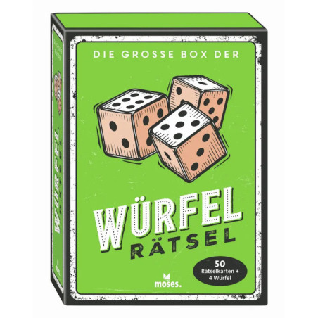Grüne Box mit drei gezeichneten Würfeln und dem deutschen Titel Würfel Rätsel auf der Vorderseite.