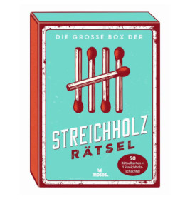 Teal-rote Streichholzschachtel mit fünf Hölzern und deutschem Text: Streichholz Rätsel.