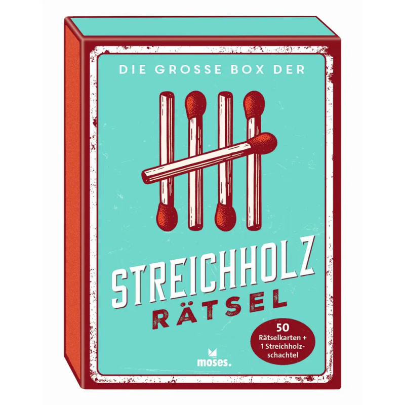 Teal-rote Streichholzschachtel mit fünf Hölzern und deutschem Text: Streichholz Rätsel.