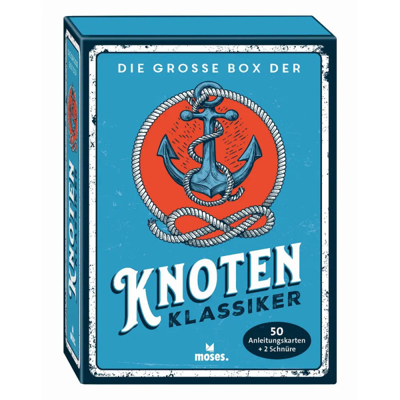 Blaue Box mit Anker- und Seilgrafik, Aufschrift Knoten Klassiker, deutsche Knotenanleitung. Blaue Box mit Anker- und Seilgrafik, Aufschrift Knoten Klassiker, deutsche Knotenanleitung.