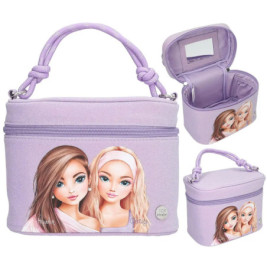 Lavendelfarbene Kosmetiktasche mit zwei Mädchen-Illustrationen, innen Spiegel und Fach.