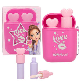 Pinkes TOPModel Lipgloss-Set mit herzförmigen Deckeln, Mädchenzeichnung und Love-Schriftzug.