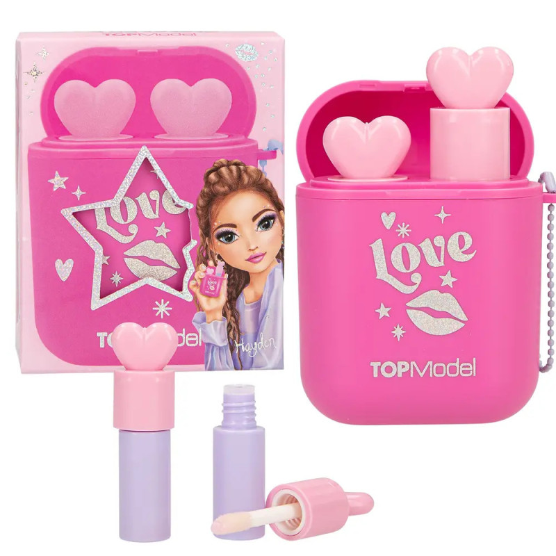 Pinkes TOPModel Lipgloss-Set mit herzförmigen Deckeln, Mädchenzeichnung und Love-Schriftzug.