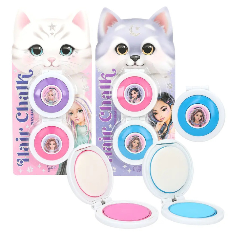 Zwei Pastell-Haarchalk-Sets mit Katzen- und Hundemotiven sowie illustrierten Mädchen auf der Verpackung.