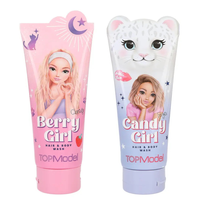 Zwei bunte TOPModel Hair & Body Wash: Berry Girl (rosa) und Candy Girl (weiß, Katzendesign).
