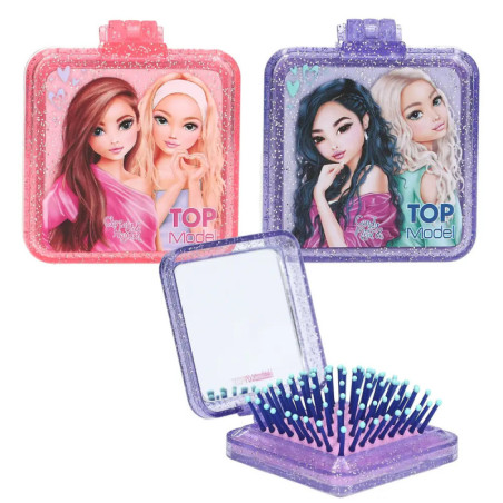 Zwei glitzernde, quadratische Dosen mit Mädchenmotiv, eine offen mit Spiegel und Haarbürste.