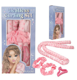 Rosa Locken-Set mit Sternmuster, Haarclips, Haargummis und Box mit Illustrationen.