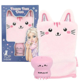 Rosa, katzenförniger Waschhandschuh mit Verpackung, die ein Mädchen mit dem Handschuh zeigt.