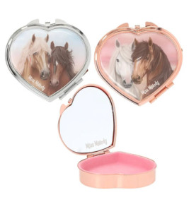 Drei herzförmige Miss Melody Dosen, zwei mit Pferdemotiv, eine offen mit Spiegel und rosa Boden.