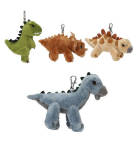 Vier Plüsch-Dino-Schlüsselanhänger in Grün, Braun, Beige und Blau mit je einem Metallverschluss.
